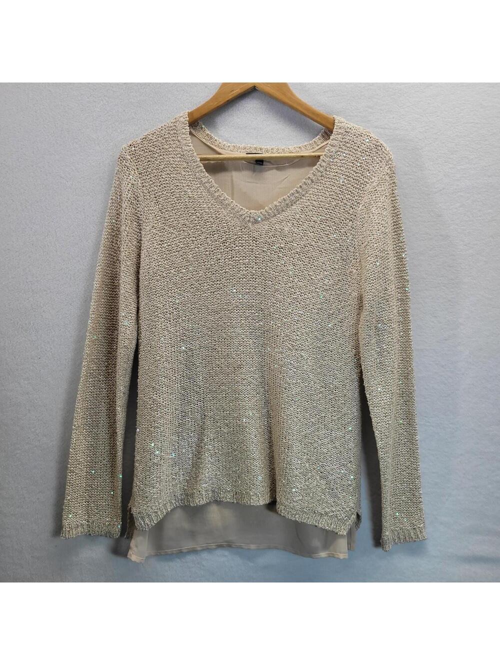 Apt 9 Taupe Sparkle Sequins V Neck Pull Over Sweater Size Large